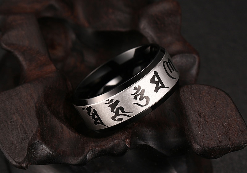 Dag misdrijf interval Traditional 8mm Mens Buddhist 'Om Mani Padme Hum' Black Colored Wedding Ring  in Stainless Steel